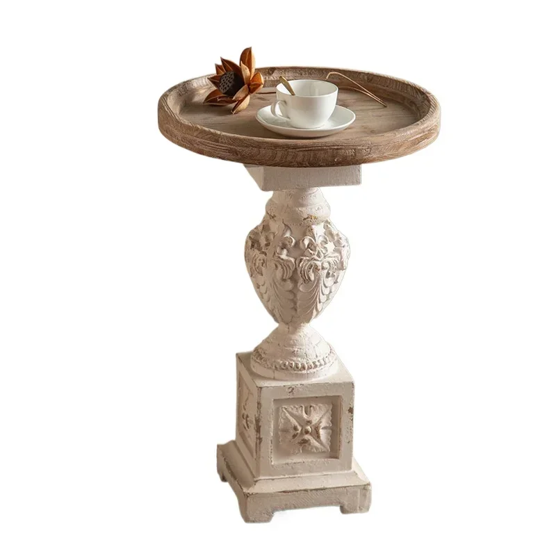 Pillar carved round table, white French milk tea coffee table, solid wood villa living room style