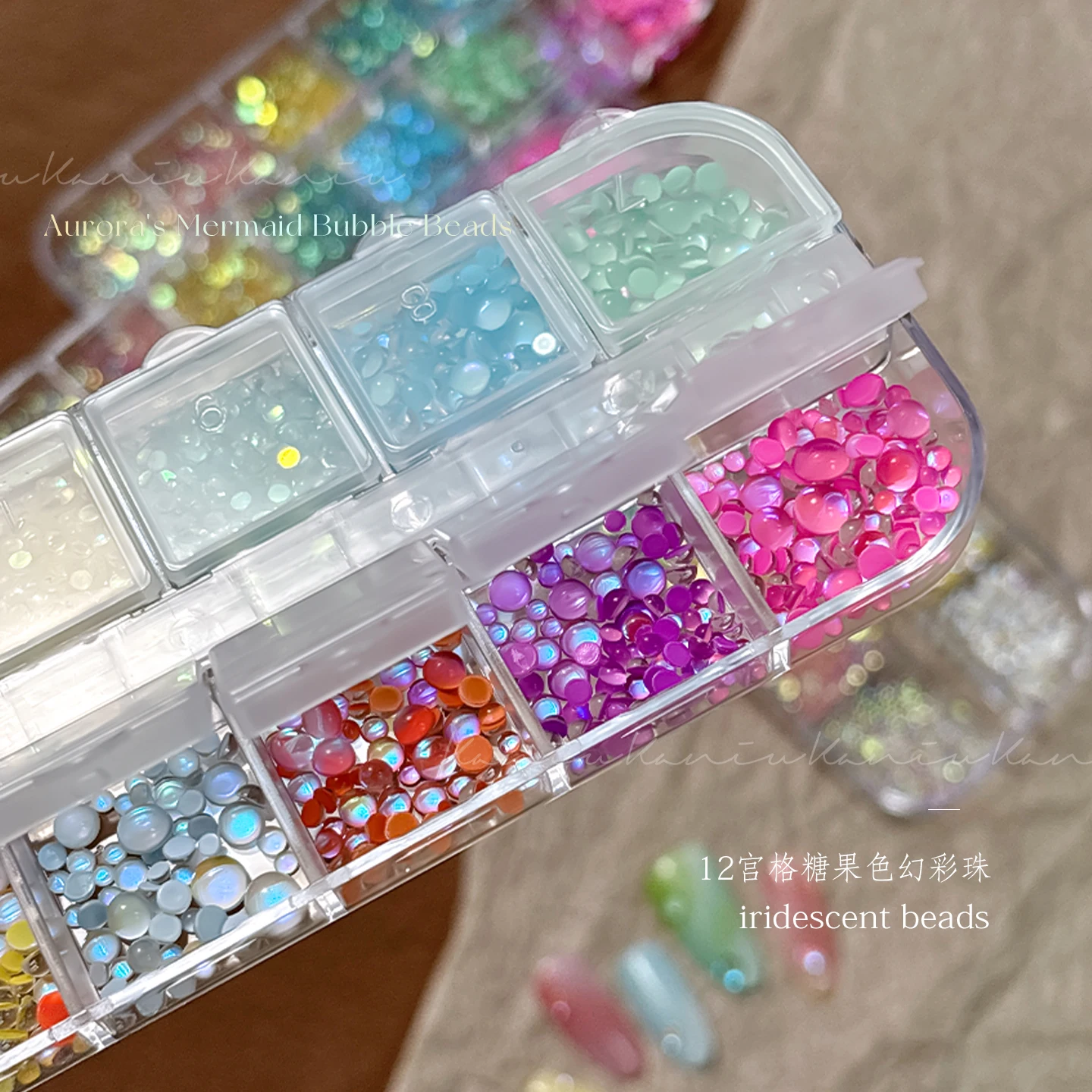 KANIU 12 Piece Aurora Mermaid Bubble Beads Iridescent Candy Round Flatback Pearl Nail Art For Ocean Theme Fantasy Nail Design