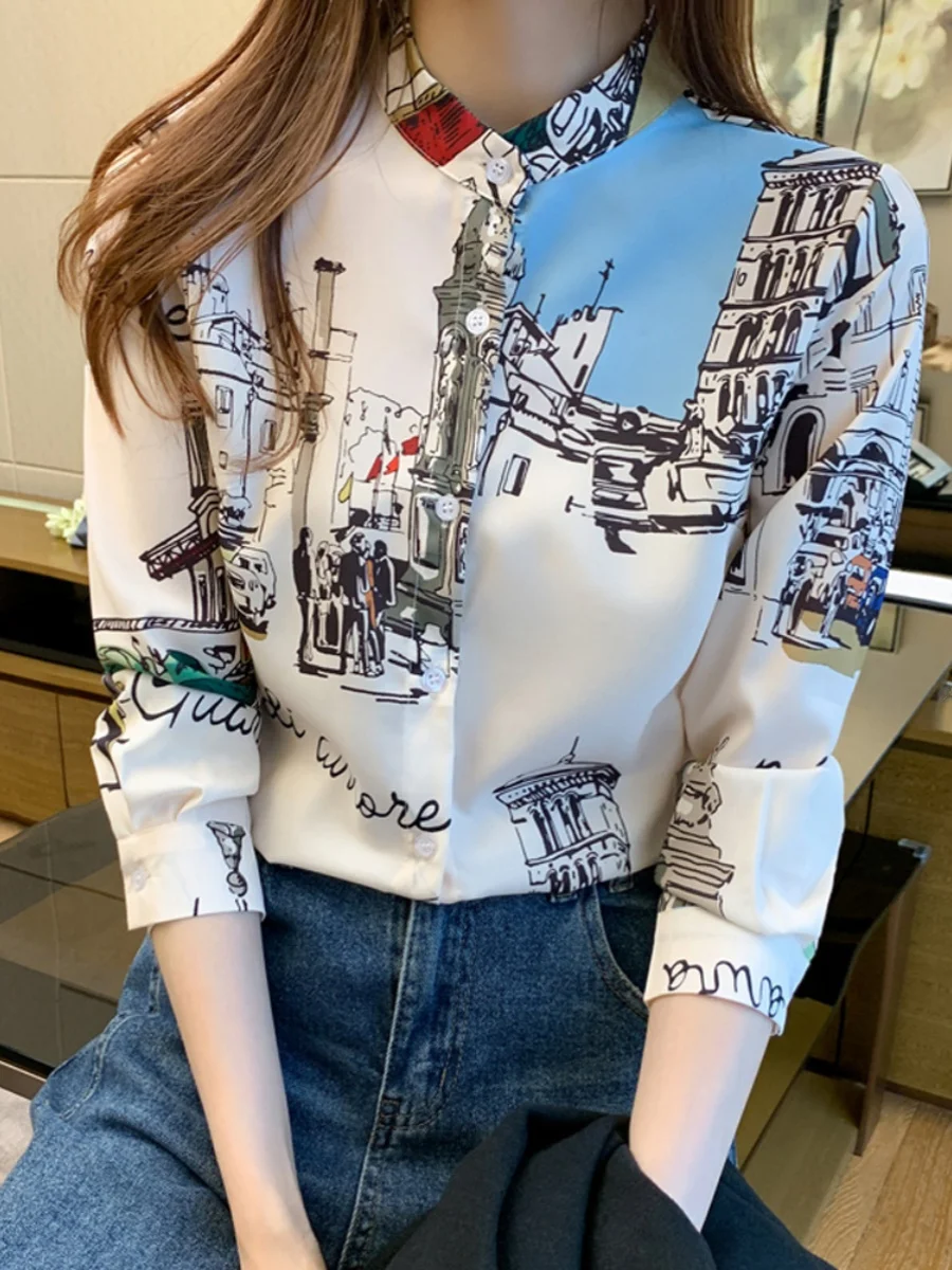 

Весенне-осенняя женская блузка с ретро-принтом, длинным рукавом, воротником-стойкой, из шифона, с цветочным узором, повседневная, свободного кроя, из полиэфирного волокна