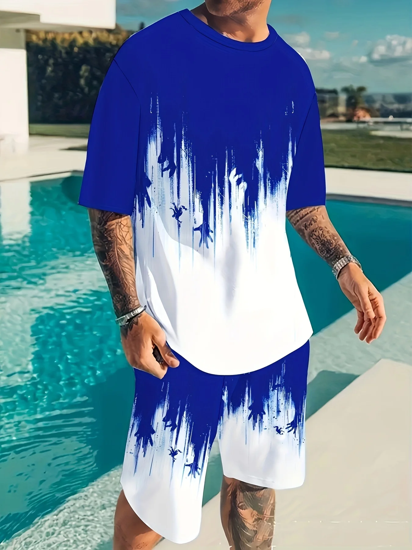 

Men's 3D Pattern Print Casual Summer Outfit 2pcs Set Crew Neck Short Sleeve T-shirt with Drawstring Shorts for Comfortable Wear