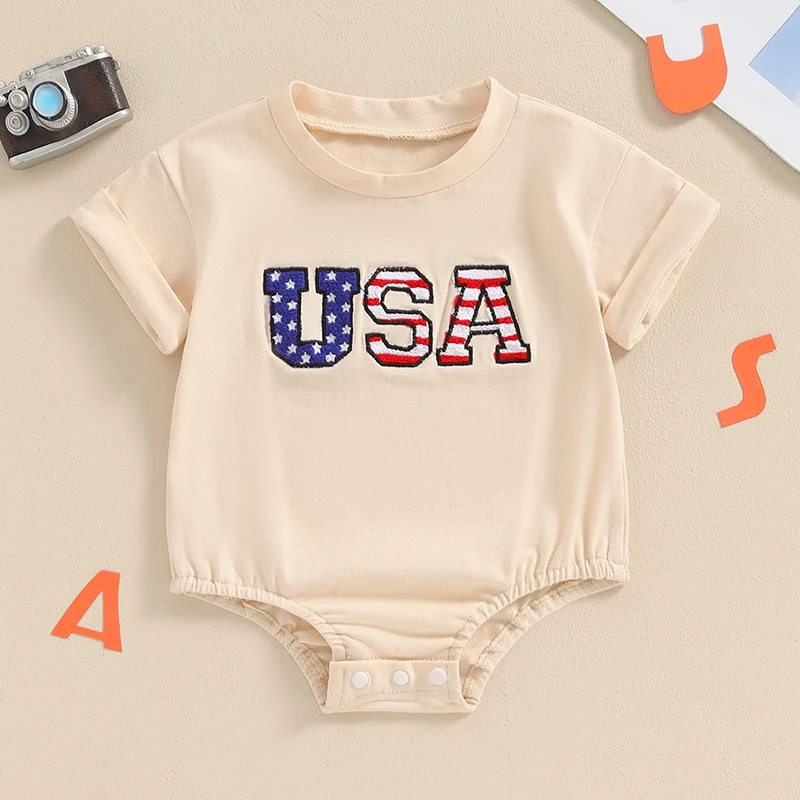 

Independence Day Toddler Rompers Unisex American Flag Print Short Sleeve Jumpsuits Newborn Boys Girls Summer Outfits with Snap