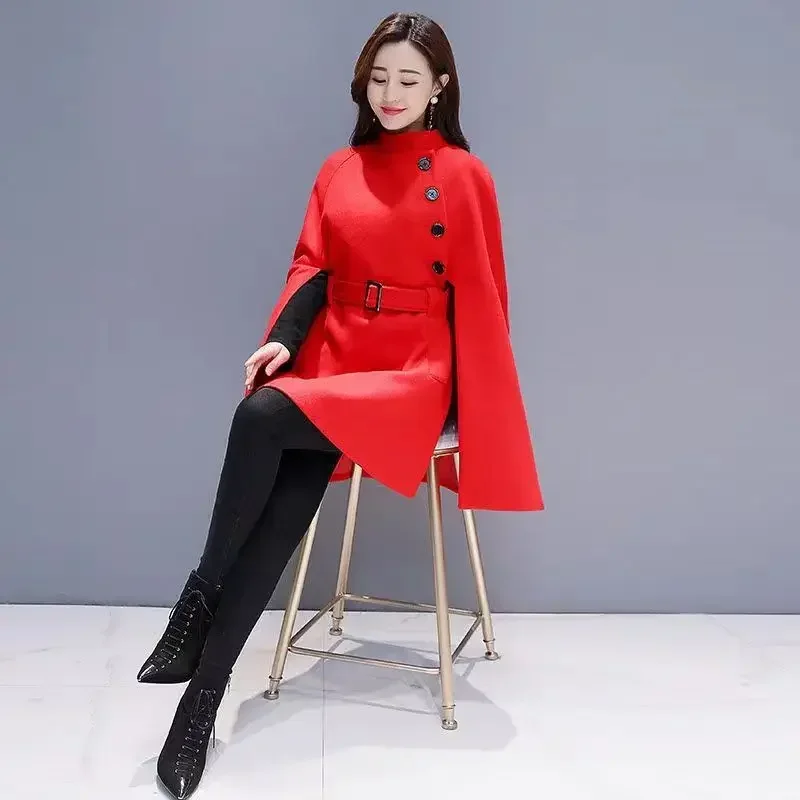 QNPQYX New Autumn Women Woolen Cloth Shawl Cape Poncho with Belt Female Mid-length Korean Sleeveless Casual Ladies Cape Coats