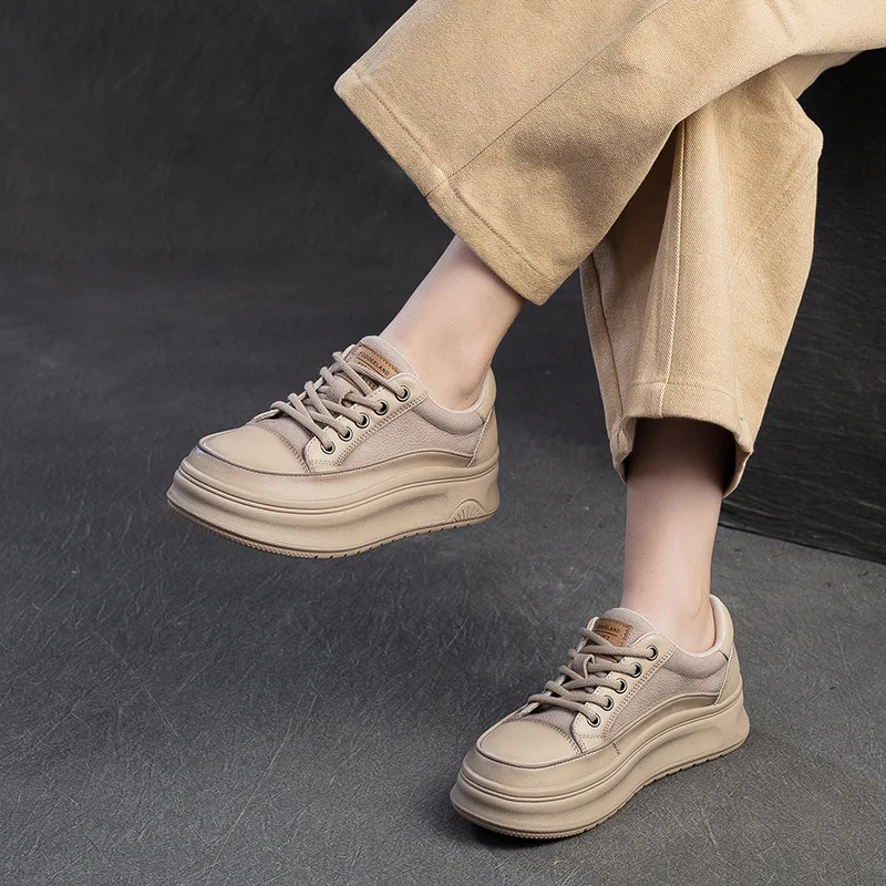 4.5cm  Sneakers Women Genuine Cow Leather Flats Thick soled Lace-Up Spring Autumn Lady Casual Flat Shoes Handmade Women Shoes