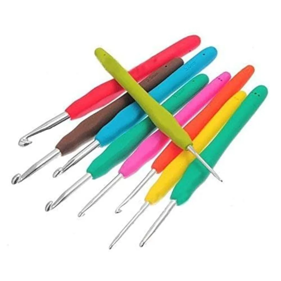 

9PCs Soft Rubber Handle Aluminum Hook Crochet Hooks Template Kit TPR Knitting Needles for Loom Tool Band DIY Crafts FBA