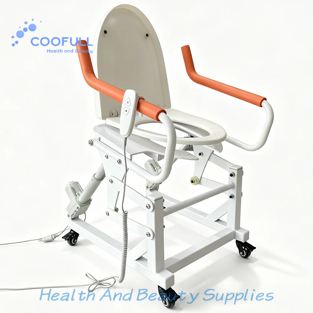 Coolfull Electric Lifting Toilet Chair with Orange Armrests Lockable Casters for Elderly Disabled Pregnant Home Bathroom Care