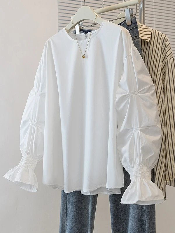 

Ele White Long Sve Women's irt plus Size Faionable Spring Season Casual Wear Comfortable Loose Fit round Ne Top