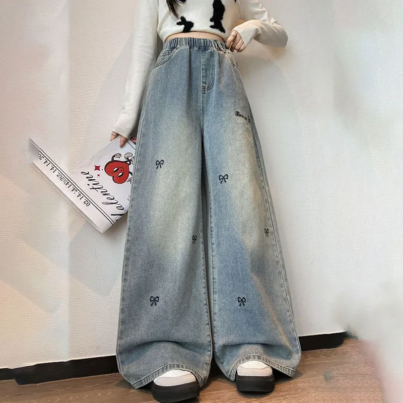 Plus size cintura alta reta perna larga jeans cintura elástica outono inverno calças jeans para mulher m/6xl até 100kg