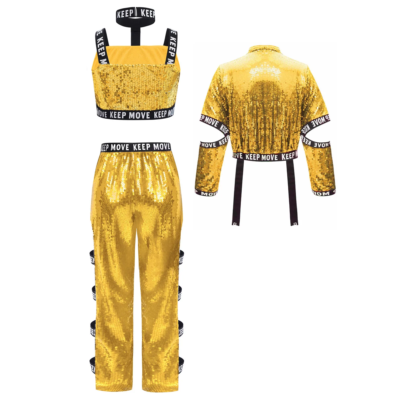 Children Girls Shiny Sequin Hip-Hop Jazz Street Dance Costume Letter Printed Jacket with Pants Crop Vest School Party Dancewear