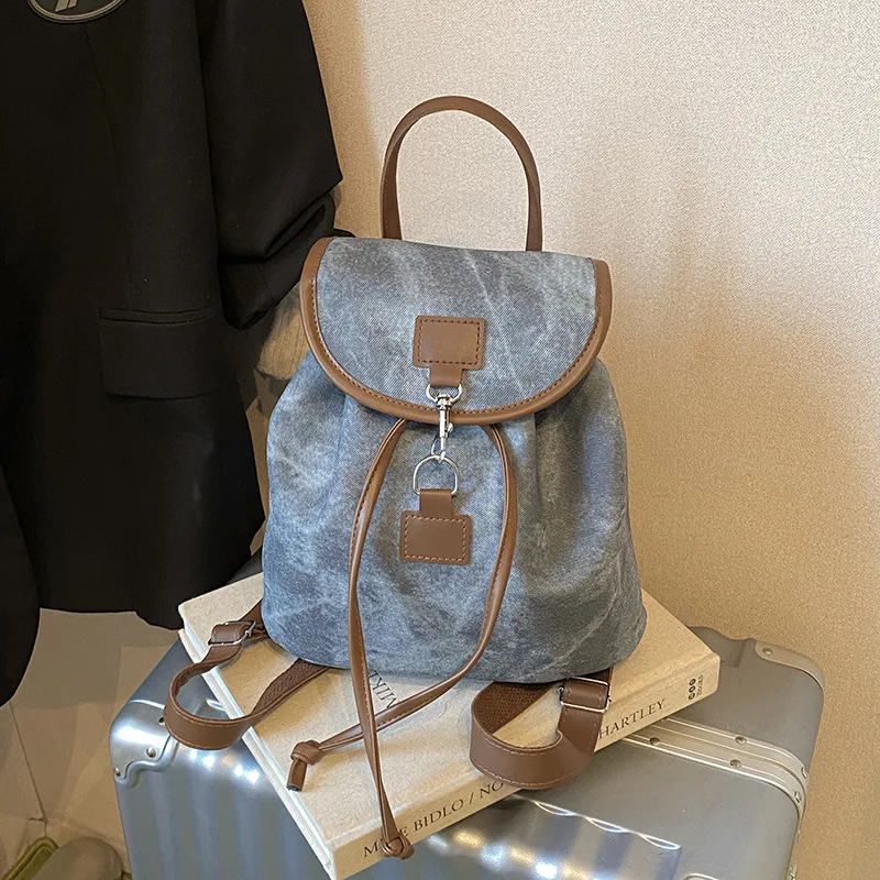 Women Mini Drawstring Backpack, Vintage Denim Texture Small Daypack, Faux Leather Trim Flap Shoulder Bag Casual Travel