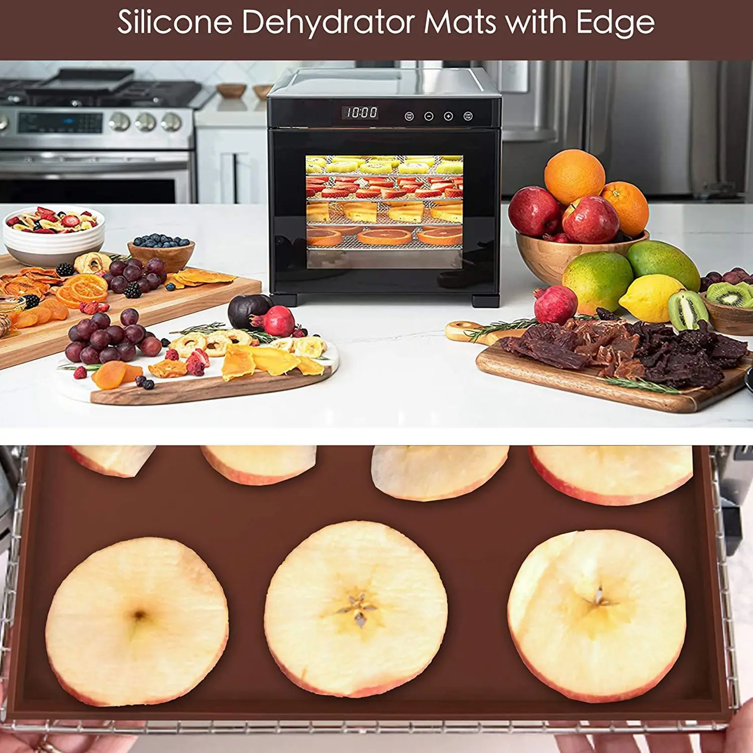 wilwill 6 Pack Silicone Dehydrator Sheets Non Stick Square Edge Dehydrator Trays for Meat Vegetables Fruit Food Dryer Mat