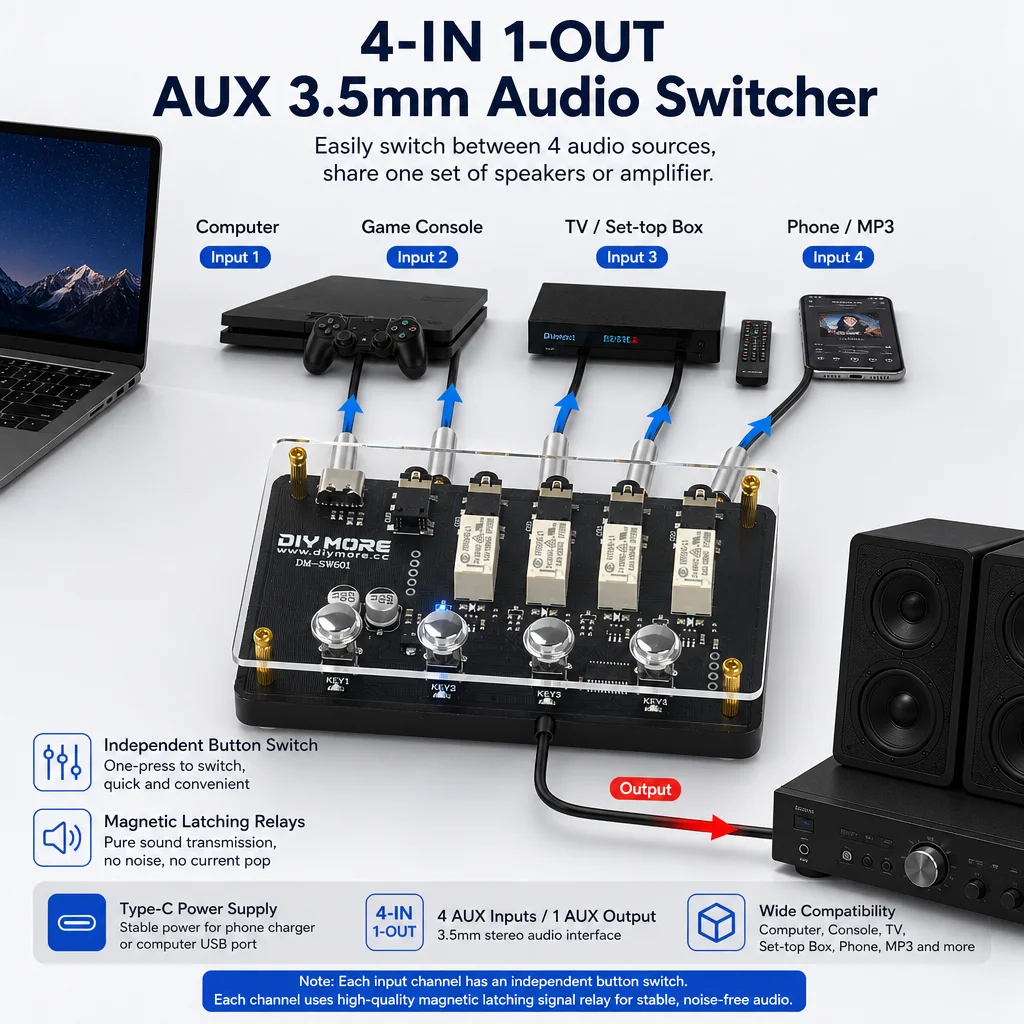4-Way 3.5mm Stereo Audio Switch Selector 4 in 1 Out AUX Switcher Box with Latching Relay One-Key Switch Type-C for PC TV Game