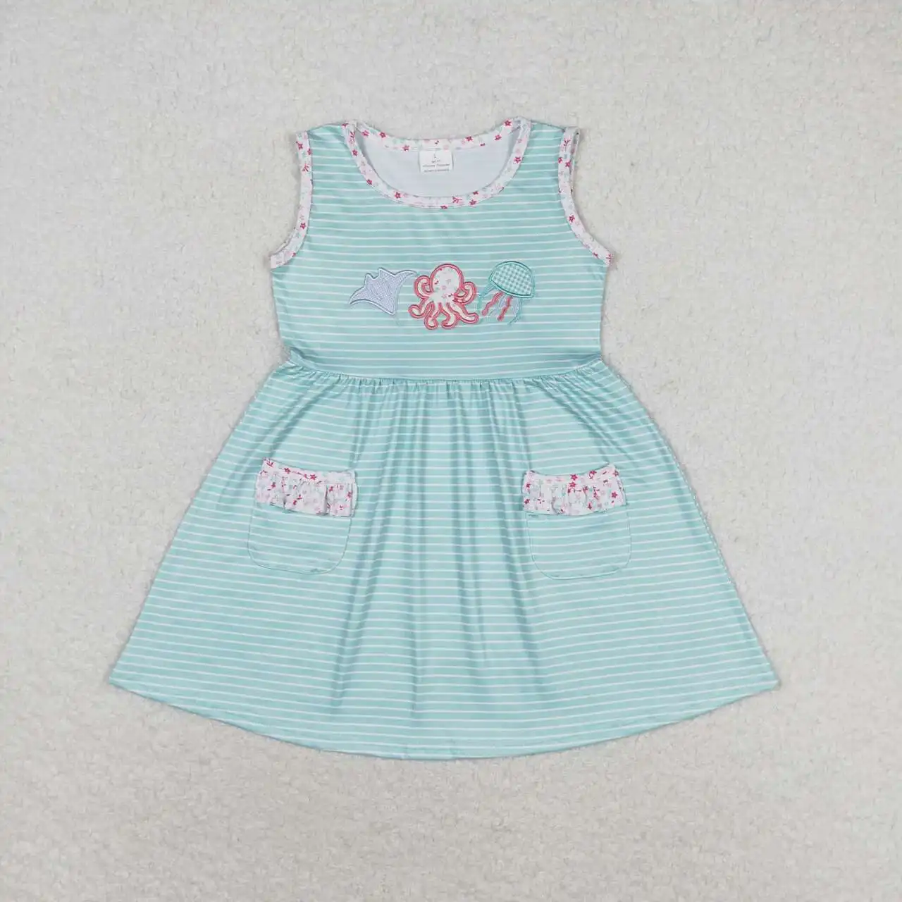 Fashion Summer Embroidered Octopus And Jellyfish Striped Teal Sleeveless Dress Wholesale Clothes Toddler Skirt