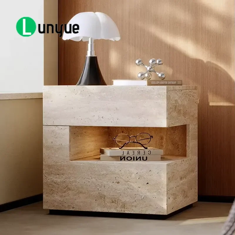 Naturalistic Floating Bedside Table with Smart Light 2 Drawer Nightstand for Bedroom Hotel Modern Space Saving Storage