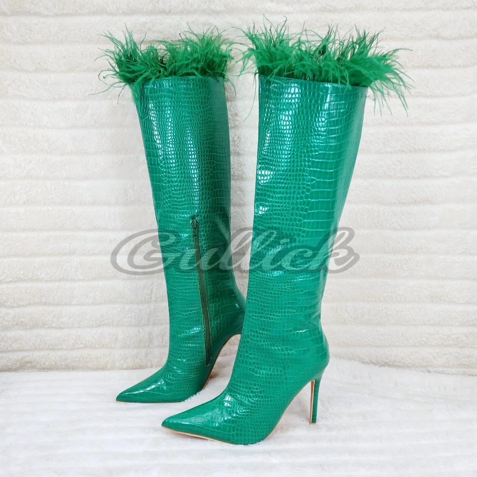 

Furry Green Heels Boots Python Pattern Botas Pointed Toe Knee-high Shoes Stiletto Women Luxury Designer 2025 Winter Zapatos New