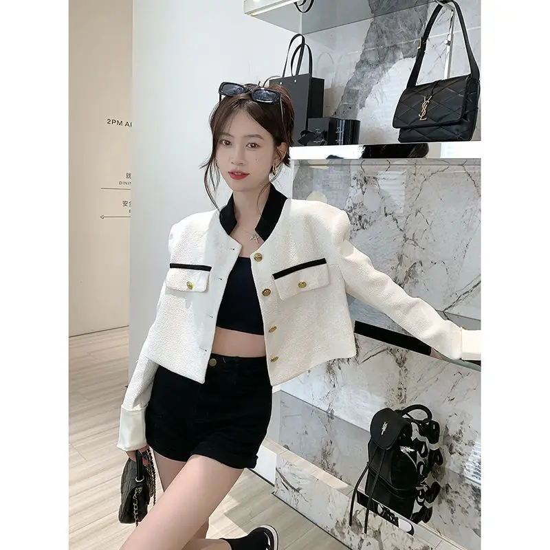 2023 New White Single Breasted Tweed Coat Casual Jacket Outwear Women Casual Blazer Coat Spring  Autumn Vintage Outerwear Top