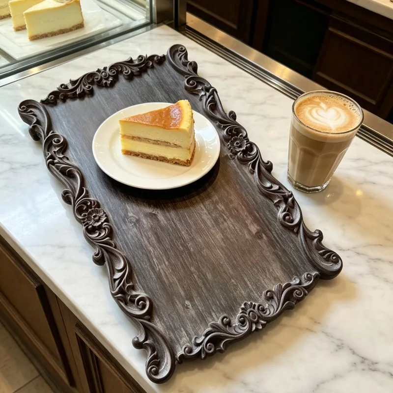Solid wood tray French engraved retro tea tray restaurant coffee shop serving cake shop clothing store jewelry display tray