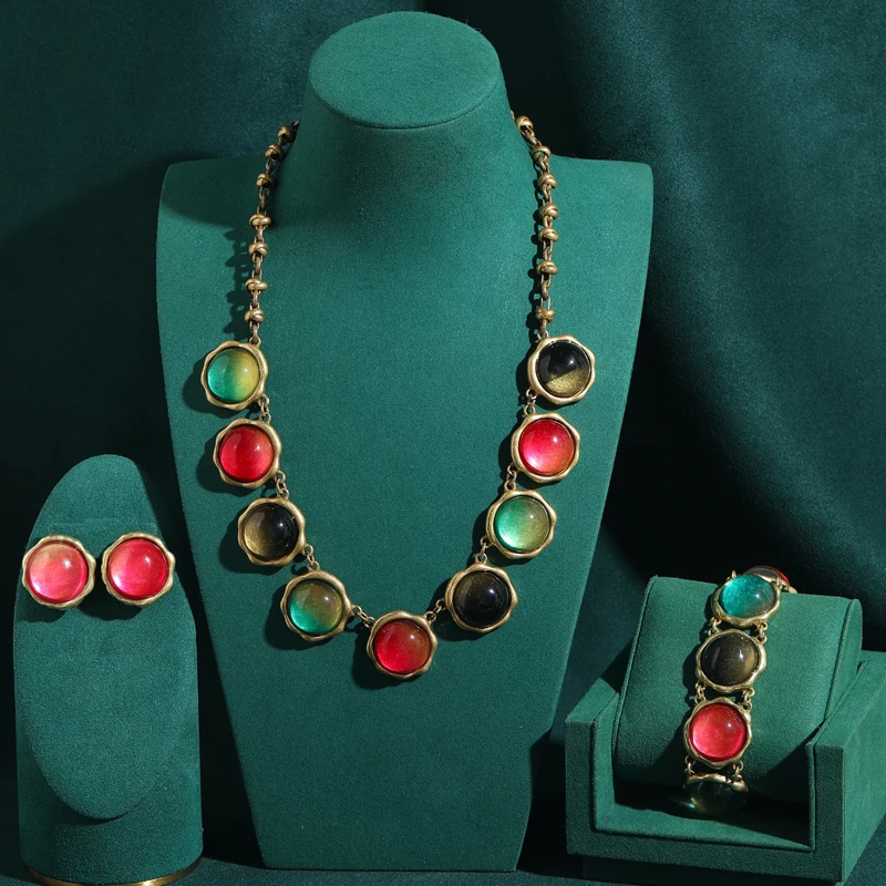 

Vintage Round Colorful Glaze Jewelry Sets Gradient Antique Gold Plated Necklace Bracelet Earring Luxury Brands Designer Party