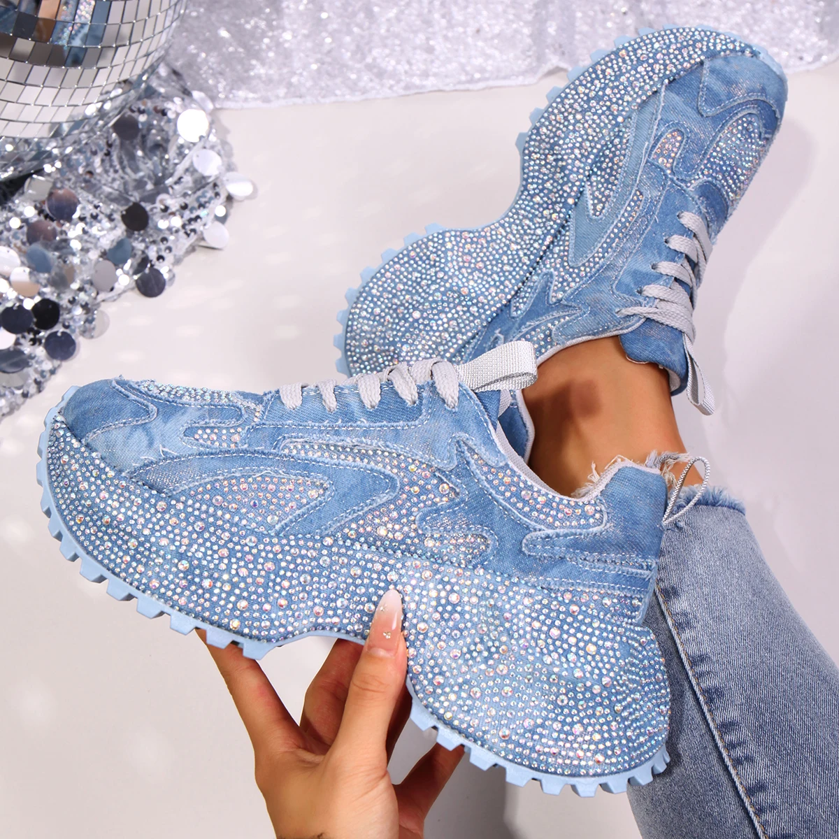 

Womens Chunky Sneakers Luxury Rhinestone Casual Shoes Lace-Up Height Increase Platform Shoes Women Casual Sneakers Zapatos Mujer