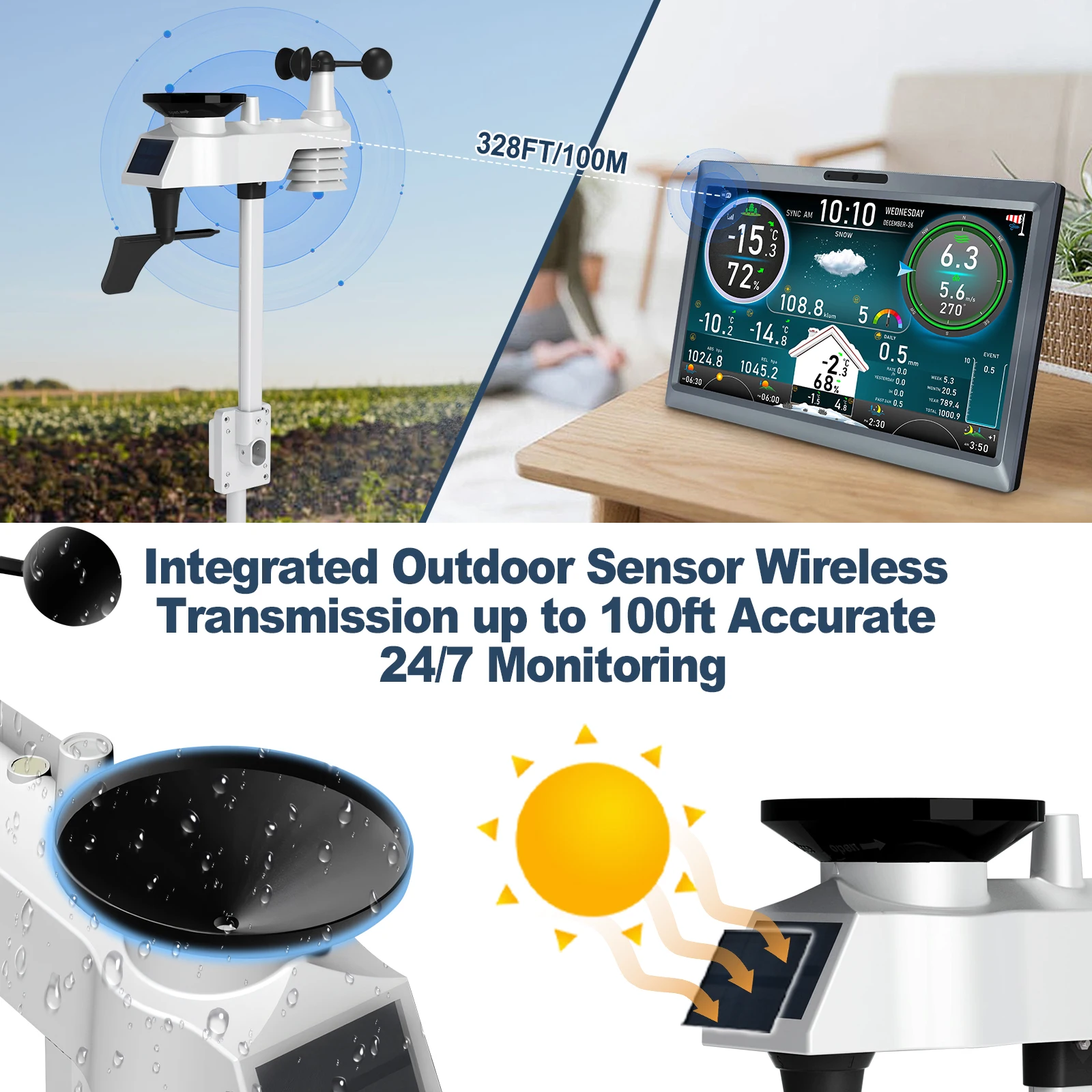 10.1 بوصة HD TFT عرض واي فاي محطة الطقس 7 في 1 مع الاستشعار اللاسلكي إطار الصورة الرقمية مشغل فيديو إنذار التحكم عن بعد