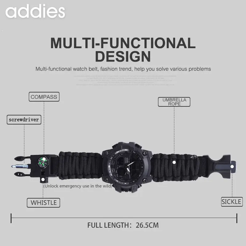 أديس جديد الرياضة في الهواء الطلق LED الرقمية ساعة رجالي البوصلة صفارات مقاوم للماء متعددة الوظائف كوارتز ساعة الجيش Relogio Masculino