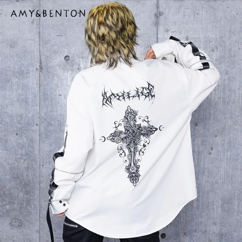 

Japanese Harajuku Style Subculture Chain Cross Shirt Gothic Punk Style Oversized Blouse Women Street Y2K Mid-length Camisas