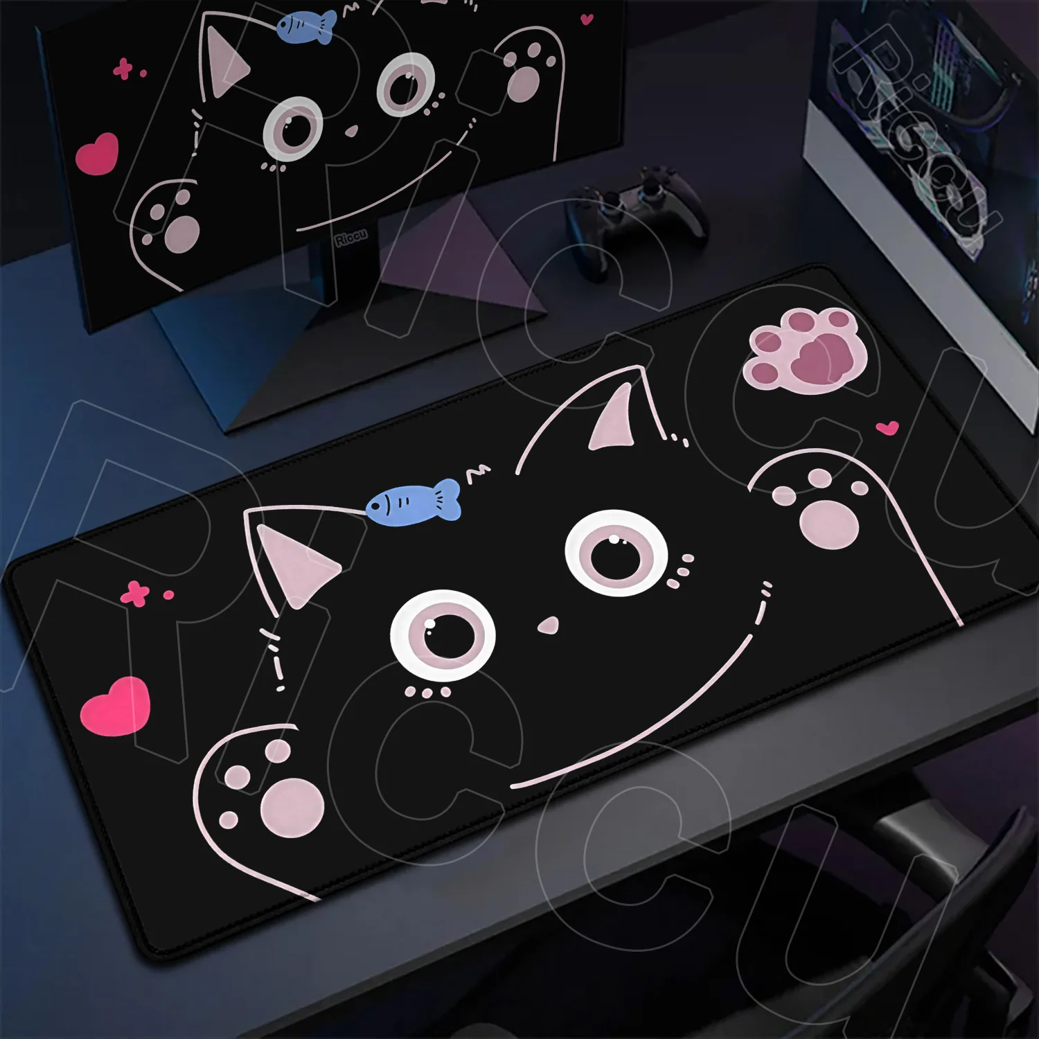 

XXL Cute cat expression Kawaii Gamer Mouse Pad 40x90cm Locking Edge Keyboard Natural rubber Rug Desk Mat Gaming PC Accessories