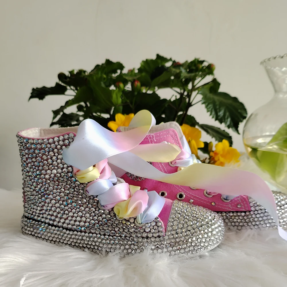 Handmade Rhinestones Bling Girls Womens Kids And Mother Candy Canvas Shoes Pearls Sneakers For Girl Birthday Party Wedding