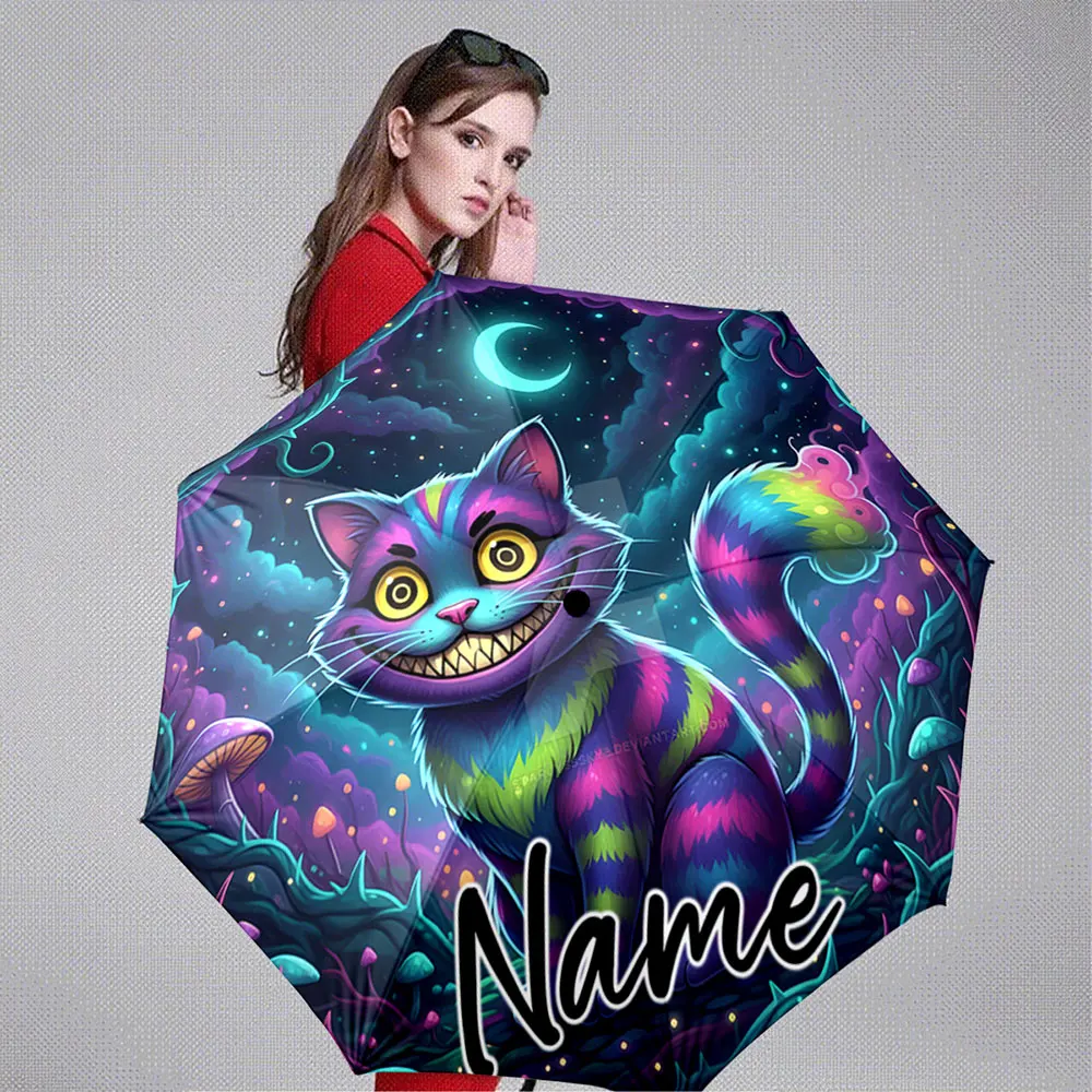 Custom Name Umbrella Whimsical Cartoon Cat with Wide Grin 8 Iron Ribs Folding Umbrella Auto-Open Fashion Sunshade