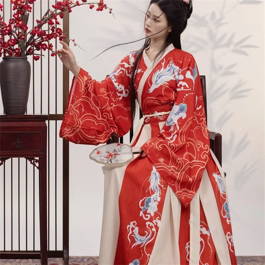 Зеленый красный летний костюм Hanfu, женское традиционное китайское Старинное платье, Восточная принцесса, элегантная танцевальная одежда династии Тан