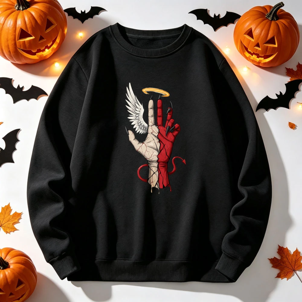 Angel Devil Split Hand Wing Halo Demon Tail Crack Texture Graphic Pullover Casual Tops Gothic Streetwear Contrast Art Sweatshirt