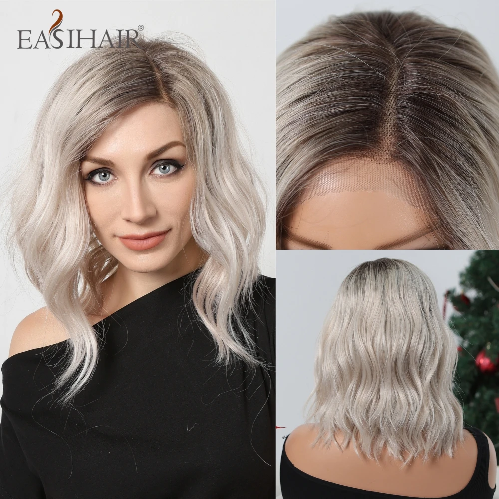 Easyhair krótka, koronkowa z przodu peruki syntetyczne brązowy blond perwersyjne kręcone falowane włosy peruki dla kobiet Balck codziennie odporne