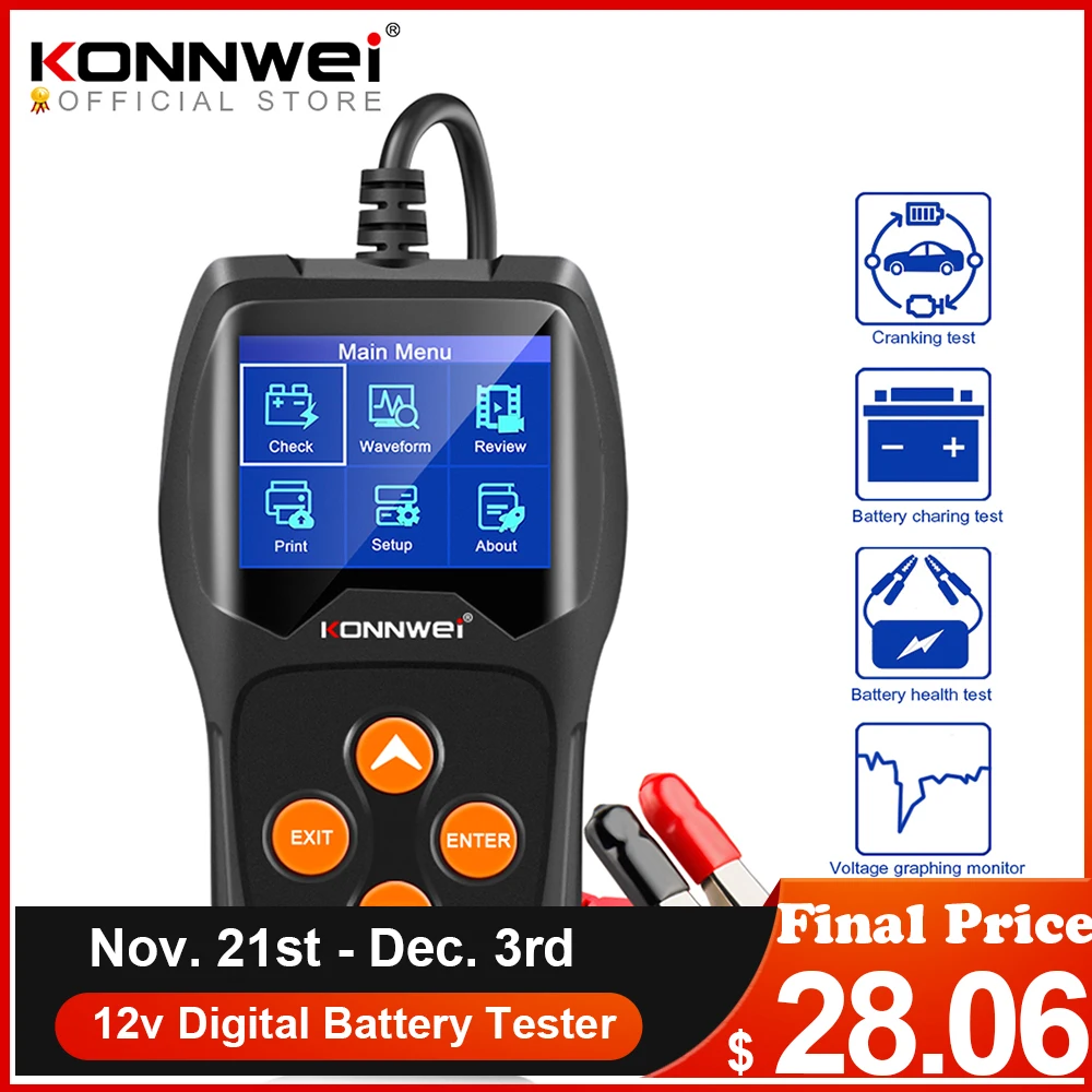 KONNWEI KW600 Car Battery Tester 12V 100 to 2000CCA 12 Volts Battery Tools for the Car Quick Cranking Charging Diagnostic