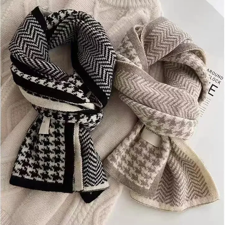 

New Korean Version Double-sided Thousand Bird Grid Knitted Scarf Student Couple Warm Scarf Autumn and Winter Thickened