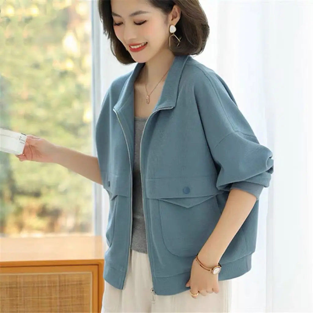 Pure Cotton Jacket Women's Solid Color Hoodie New Short Loose Jacket Cardigan Top Trendy