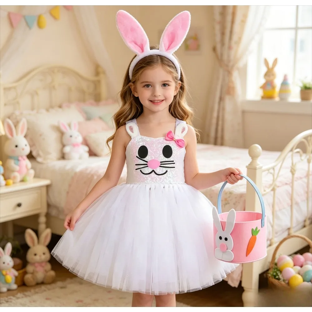

Baby Girls Easter Bunny Tutu Dress Sequins White Animal Costume Carnival Party Ballet Dress Kids Rabbit Festival Outfit
