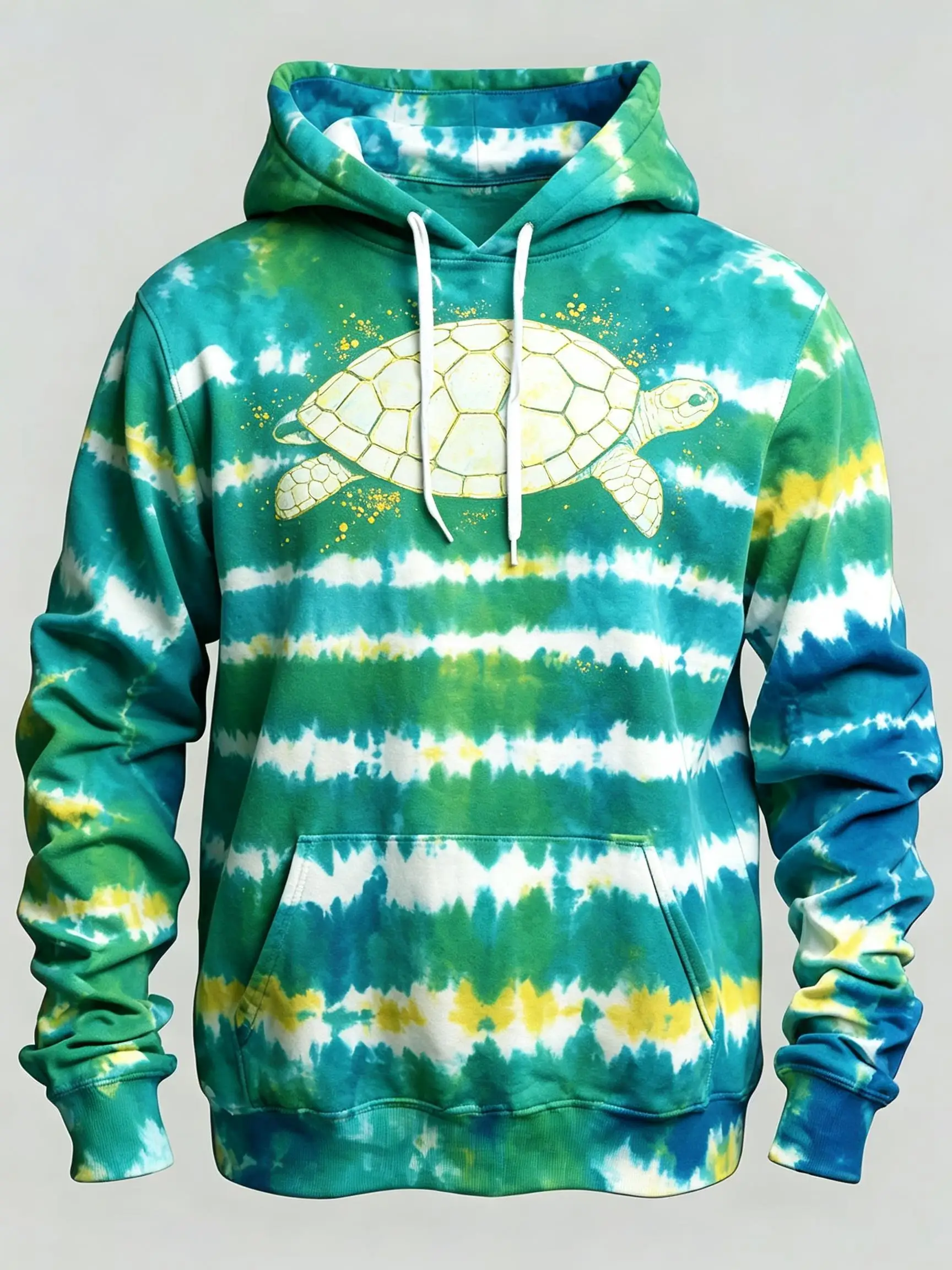 Men's Hoodie Thin Autumn Winter Green Tie Dye Turtle Graphic Print Long Sleeve Male Streetwear Sweatshirt Tops Clothes