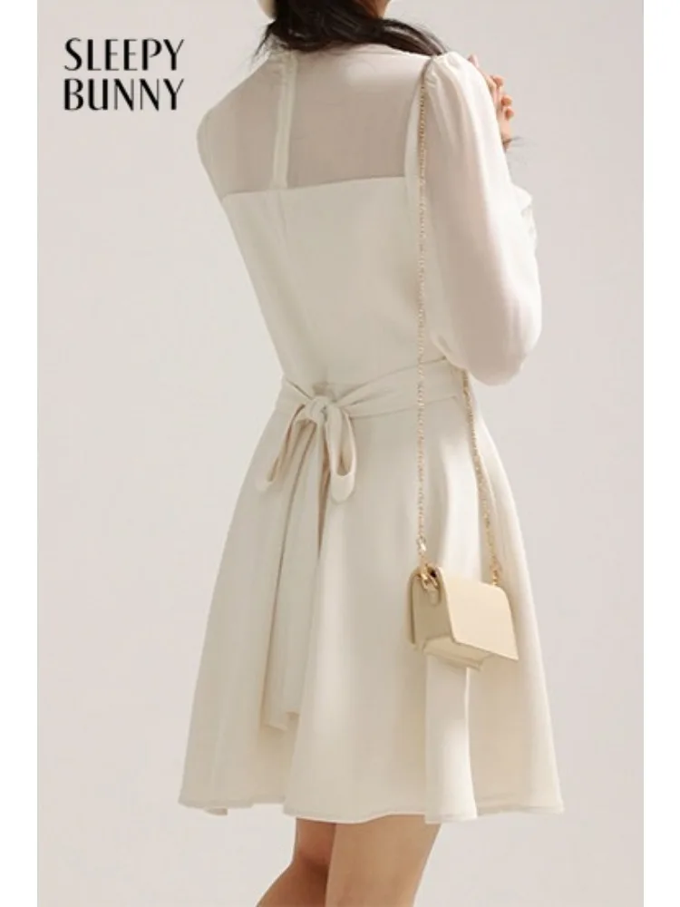 

Women Elegant High Neck Midi Dress Slim Waist A Line Long Sleeve Spring Chic Outfit with Layered Design Lady Feminine Daily Wear