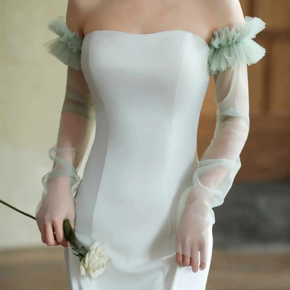 

Soft Korean Style Bridal Arm Sleeves Solid Color Breathable Wedding Long Sleeves Gauze Thin Pleated Lace Arm Covers Party