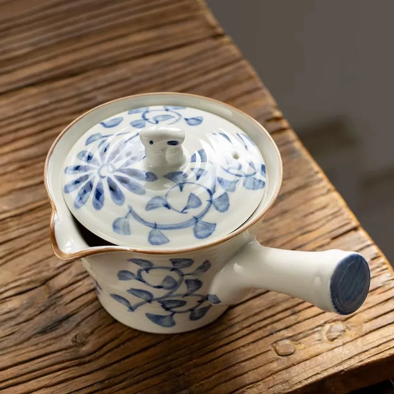 Japanese-Style Mino-yaki Hand-Painted Scroll & Rabbit Kyusu Side-Handle Teapot with Strainer, Brewing Pot