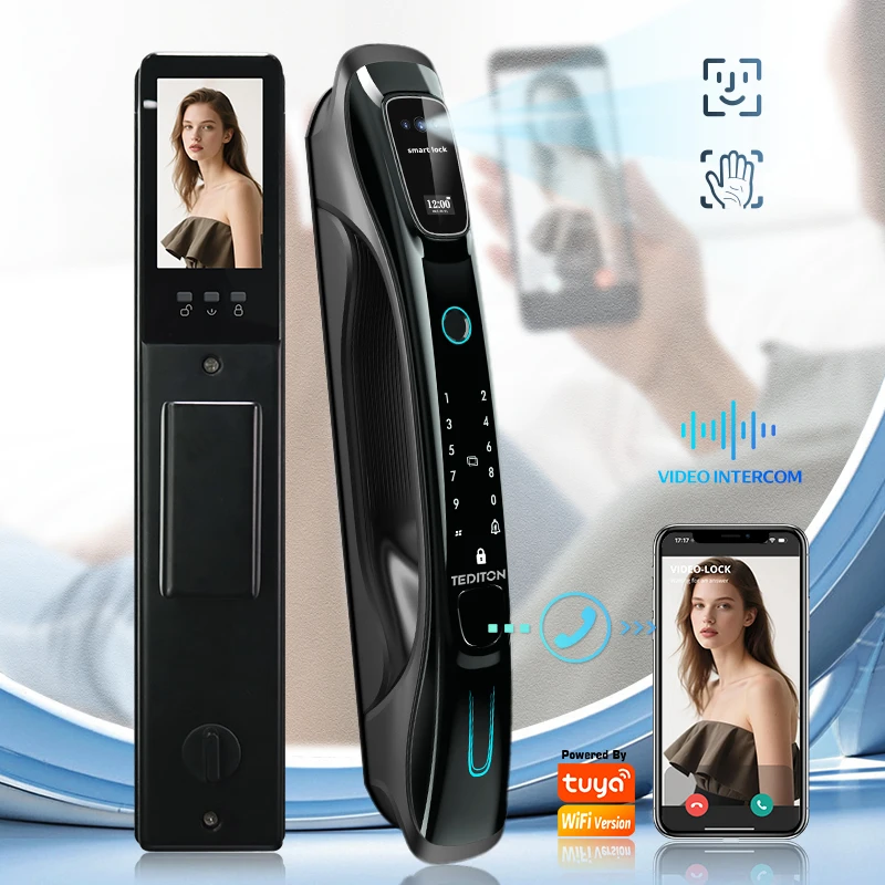 

July008 Tediton Manufacturer Fully Automatic Digital Lock Tuya Camera Biometric Fingerprint 3D Face Recognition Smart Door Lock
