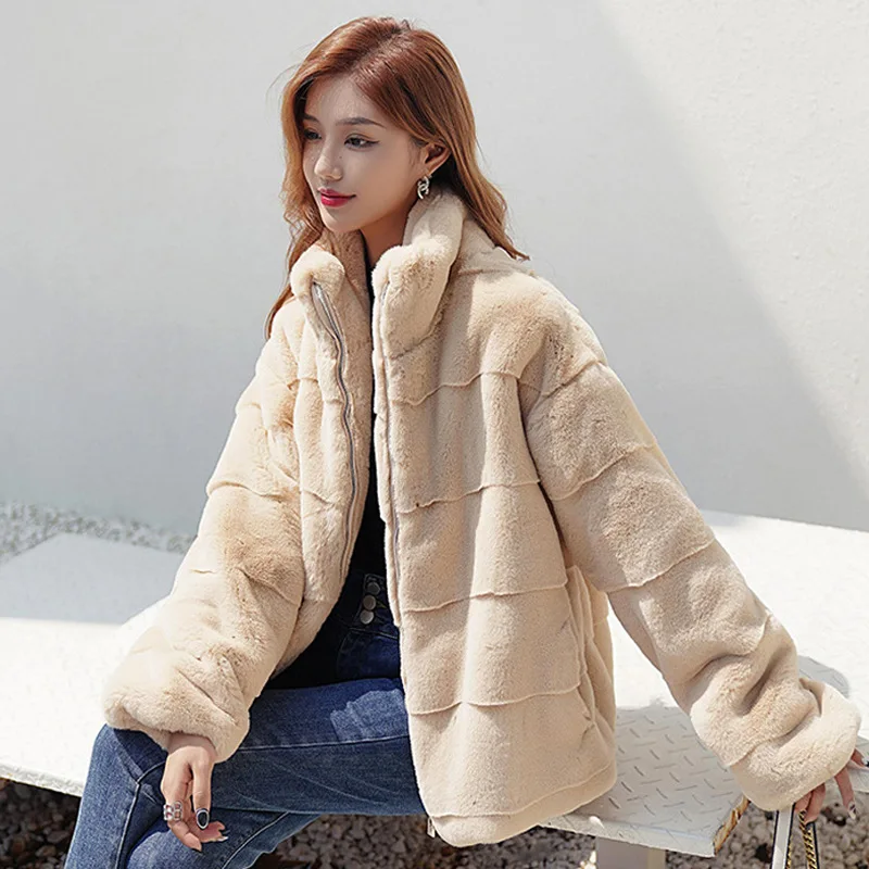 

Korean Imitation Mink Fur Coat New Women's Loose Thick Lazy Faux Lambswool Lamb Fur Coat Winter Stand Collar Lady Warm Jackets