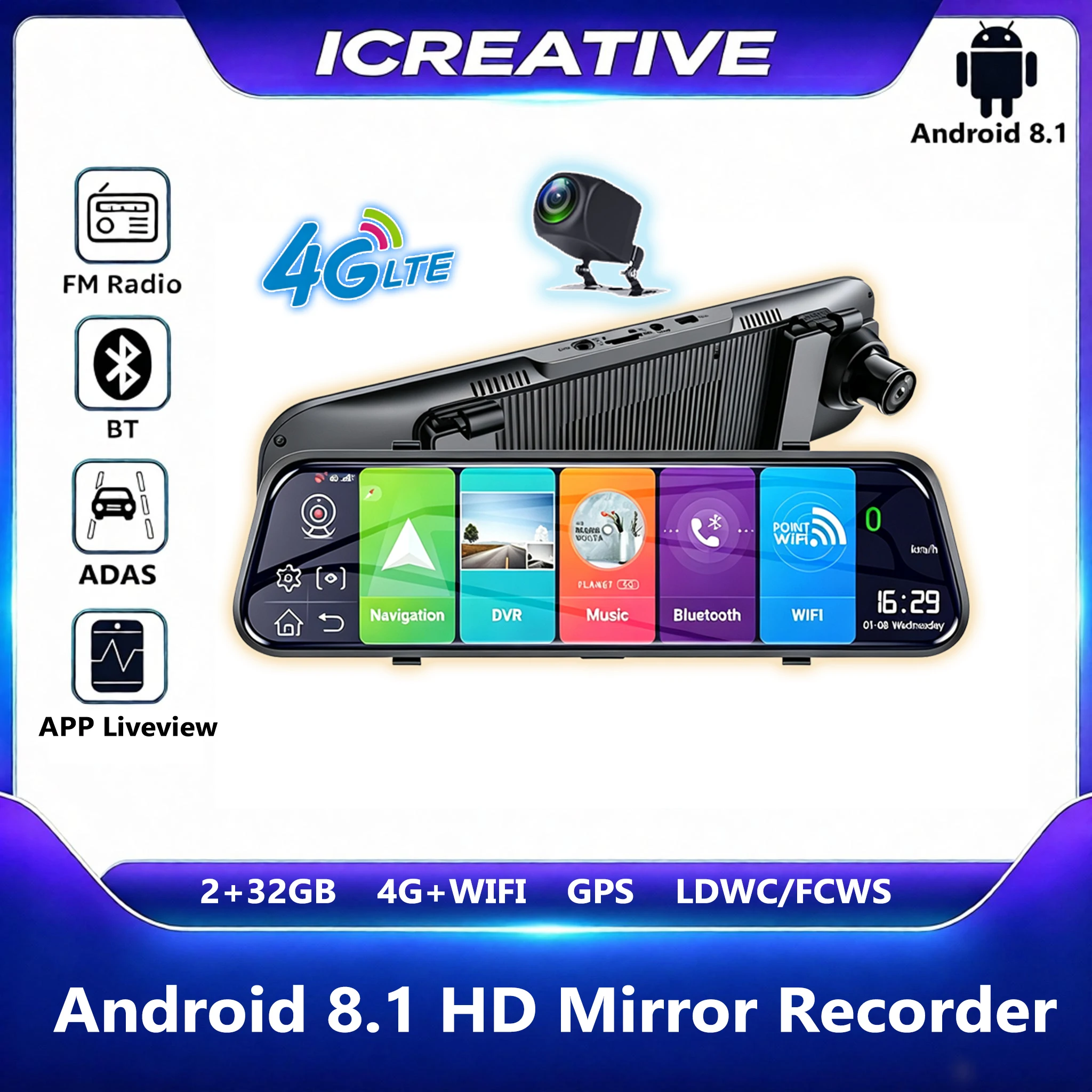 4G Car DVR 9.66 Inch FHD Mirror Dash Cam Android 8.1 GPS Navigation Car Camera Auto Recorder ADAS LDWS/FCWS WIFI Reverse Camera