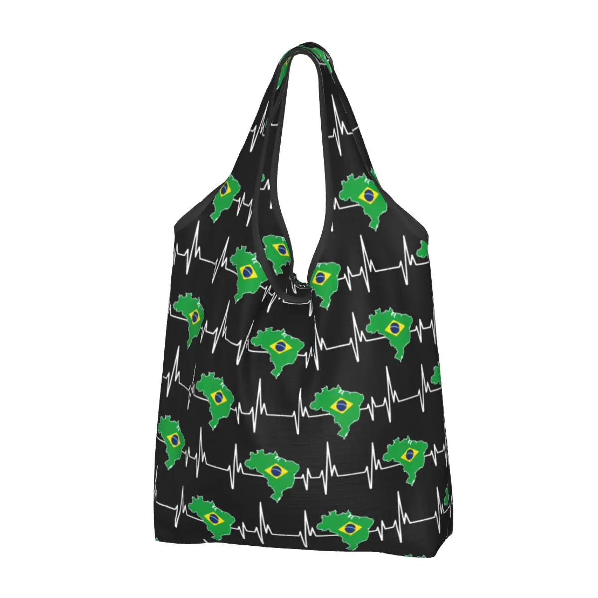 Kawaii Heartbeat Design Brazilian Flag Brazil Shopping Tote Bags Portable Brazilian Proud Grocery Shopper Shoulder Bag