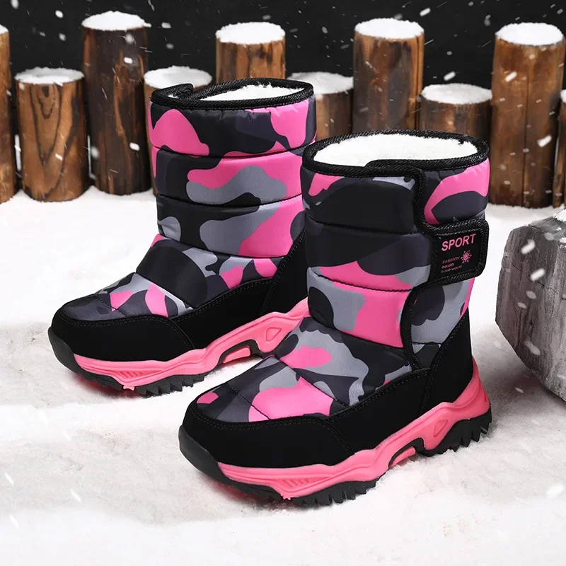 Kids Warm Boots Children Thick Bottom Winter Snow Boots Boys Girls Camouflage Padded Cotton Shoes High Top Velcro Comfort Boots