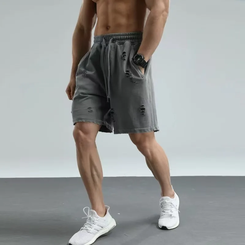 

American Hip-hop Trendy Brand Shorts Men's Ripped Washed Retro Five-point Pants Versatile Casual Sweatpants Y2k Men’s Jeans