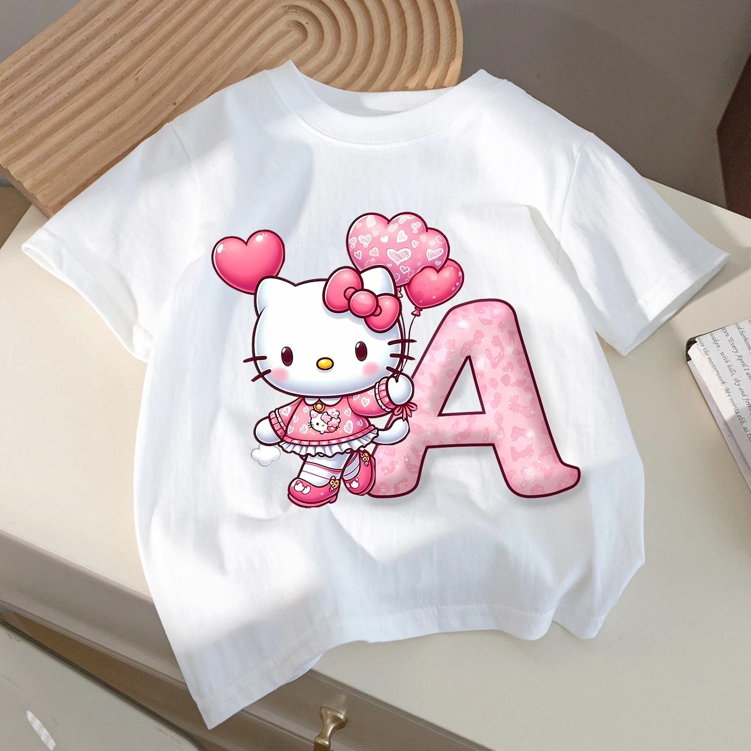 

Футболка «Hello Kitty», детская футболка с надписью A-Z, летняя одежда с круглым воротником, модная белая детская повседневная одежда с короткими рукавами, подарок