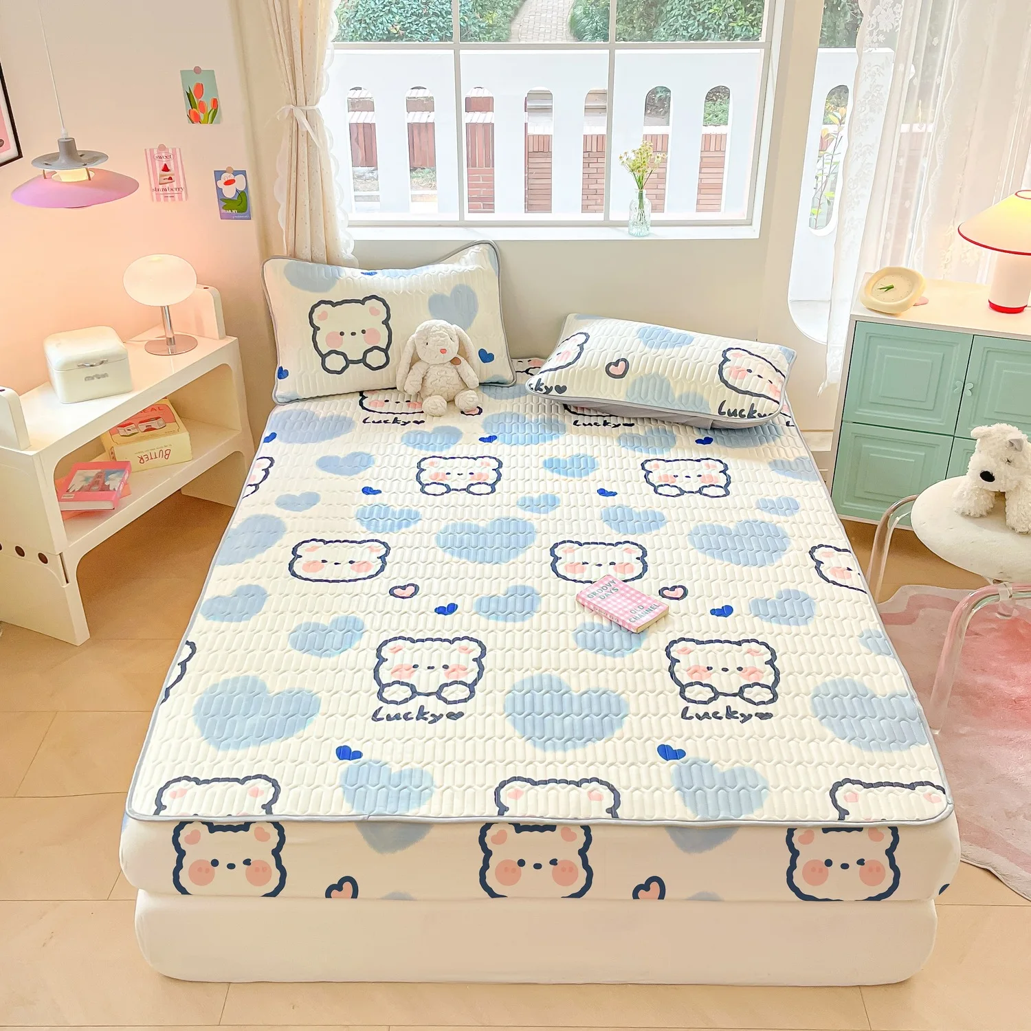 Cartoon Summer Bed Mattress Pad Mat Kit Air Conditioner Soft Bedding Set Non-slip Pad 150 Fully Wrapped Sheet Double Bedspread