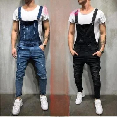 

Loose Men's Denim Overalls High Waist Cotton Trousers Tear Design Casual Tight Fit Jeans European Sle Spring Collection