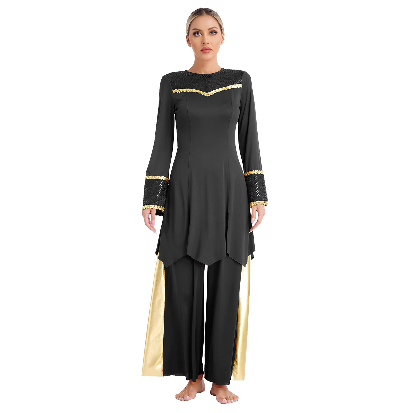 Womens Liturgical Praise Dance Costume Outfit Ballroom Modern Dancewear Shiny Worship Tunic Split Hem Dress with Wide-Leg Pants