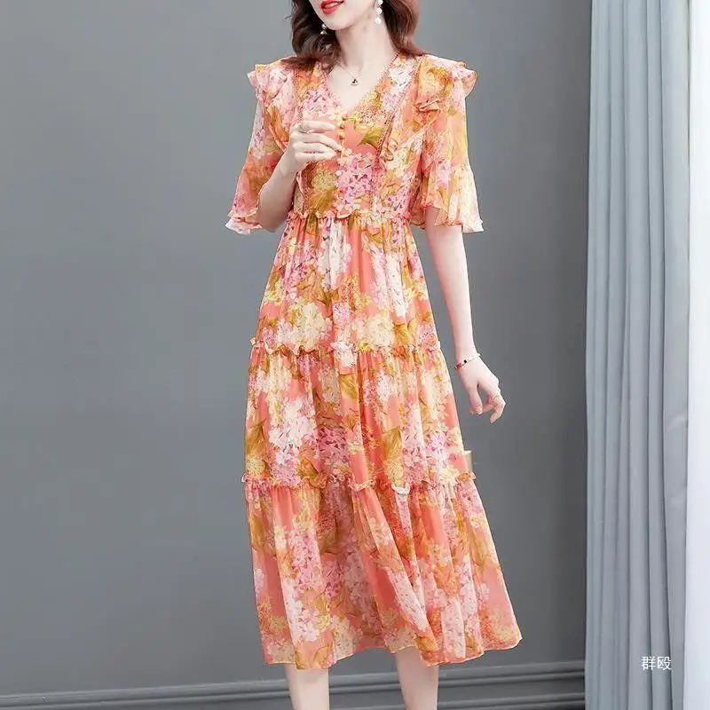 

Summer Trend V Neck Short Sleeve Sweet Dress Women's Clothing Floral Print Ruffle Elegant Long Party Dresses Vestidos